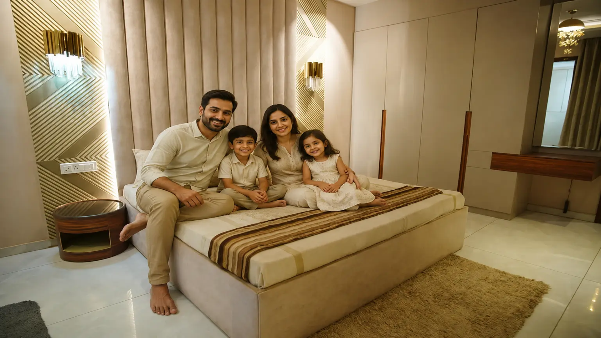 Luxury bedroom with happy family