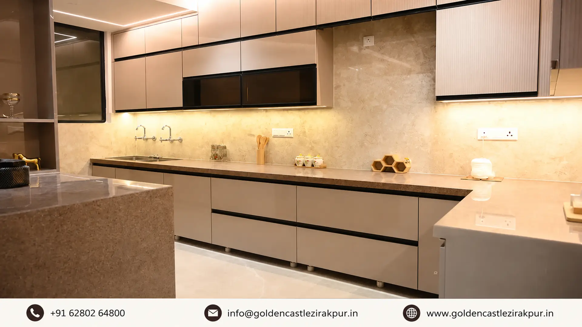 Modern luxury modular kitchen at Golden Castle Zirakpur.